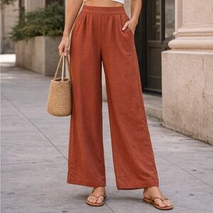 Abercrombie & Fitch Wide Leg Linen Pull On Pants Terracotta Rust Burnt Orange S
